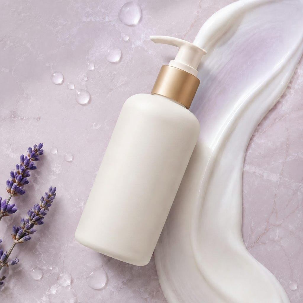 Trinidy MK Cloud Veil Hydrating Body Lotion bottle beside a soft lotion sweep, water droplets, and a lavender sprig