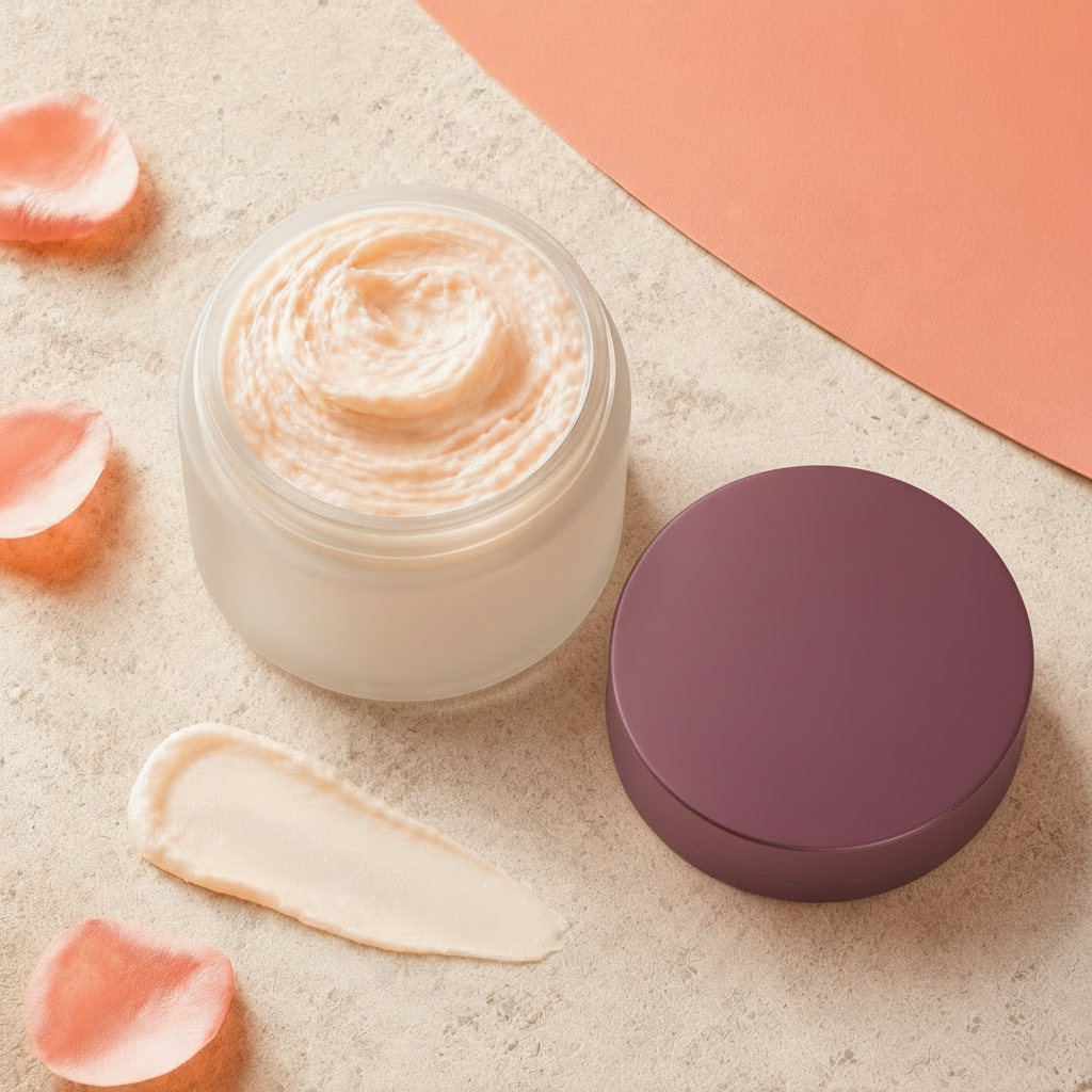 Open Trinidy MK Velvet Bloom Whipped Body Butter jar with a cream swirl, plum lid, petals, and coral accents