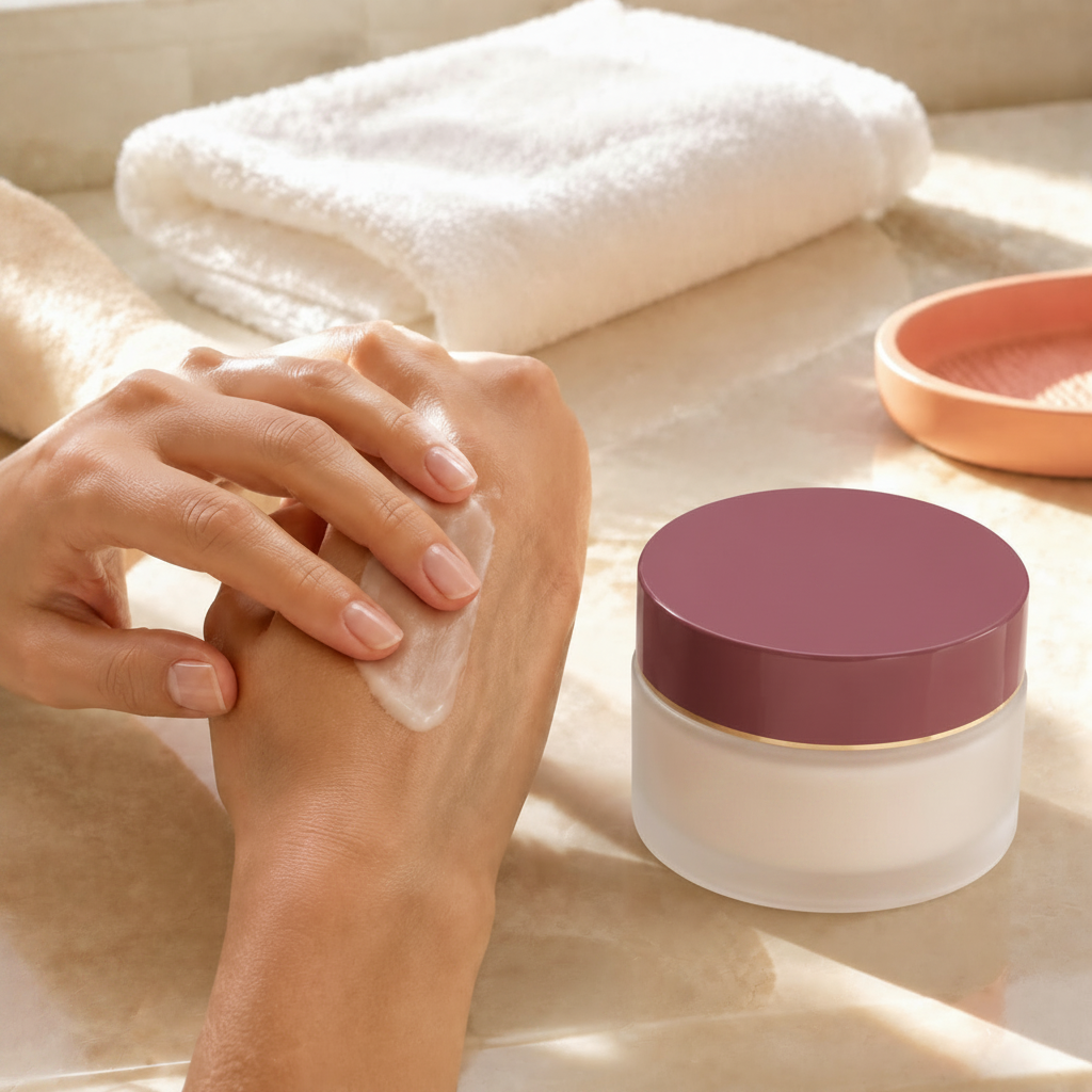 Trinidy MK Velvet Bloom Whipped Body Butter jar beside a person applying body butter to a leg in a sunlit setting