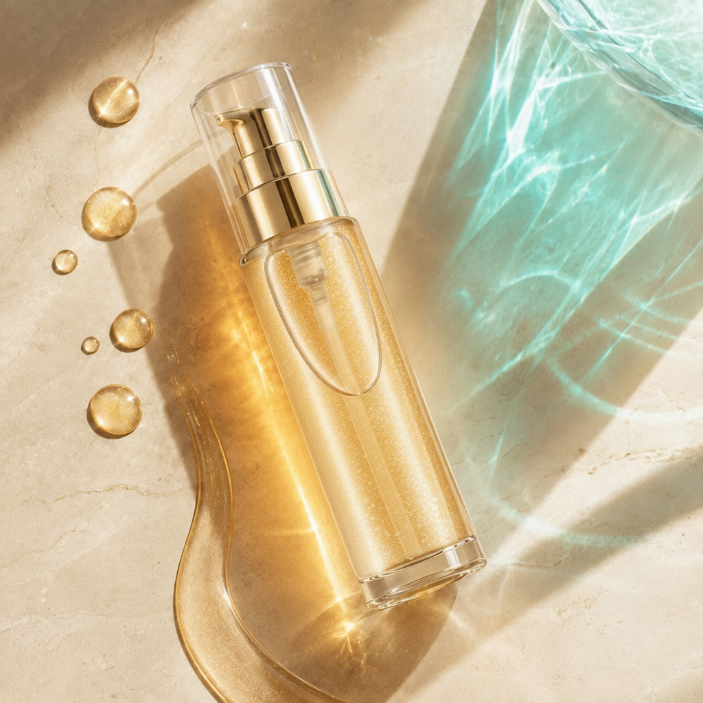Trinidy MK Sunlit Shimmer Dry Body Oil bottle on stone with golden droplets and poolside reflections
