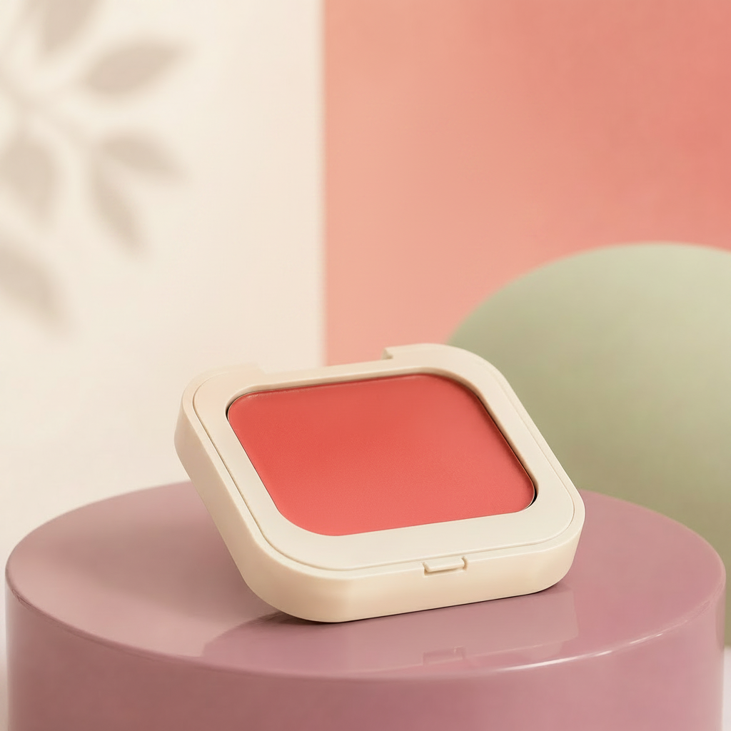 Open Trinidy MK Petal Pop Cream Blush compact with coral color on a rose studio pedestal