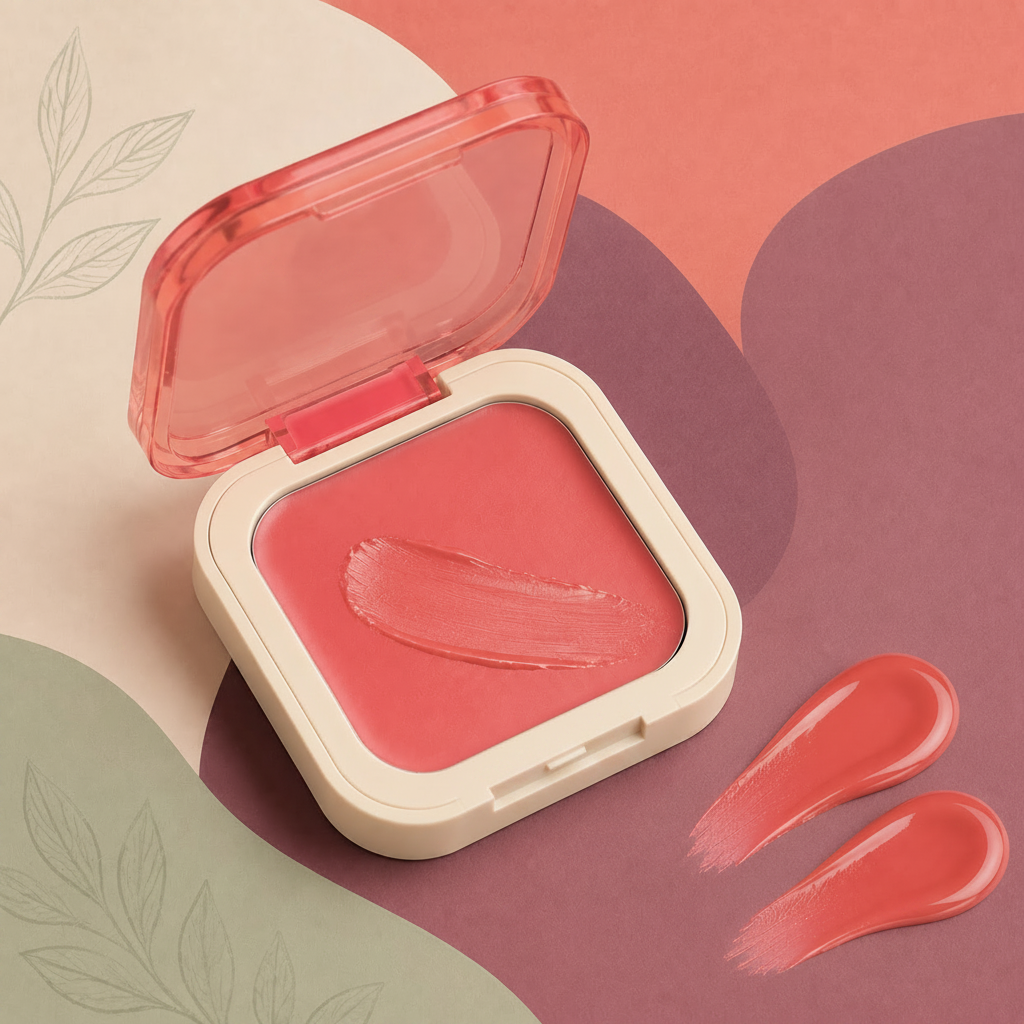 Open Trinidy MK Petal Pop Cream Blush compact with coral swatches on a colorful graphic background