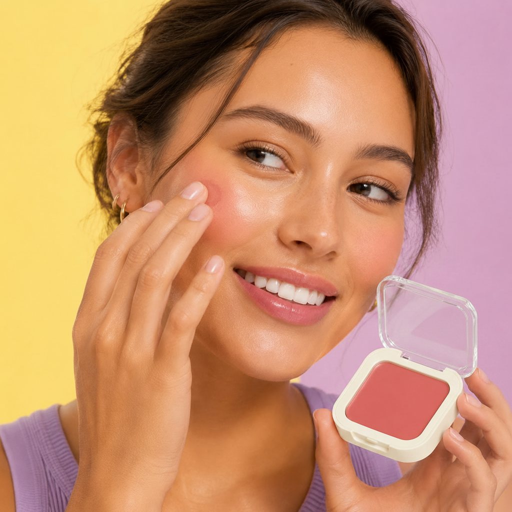 Person smiling while applying Trinidy MK Petal Pop Cream Blush and holding the open coral compact