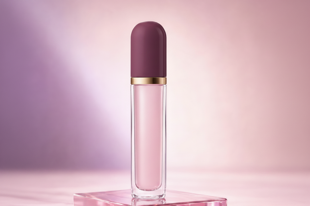 Trinidy MK Glass Petal Nourishing Lip Oil tube standing on a clear pedestal in a pink and lavender studio