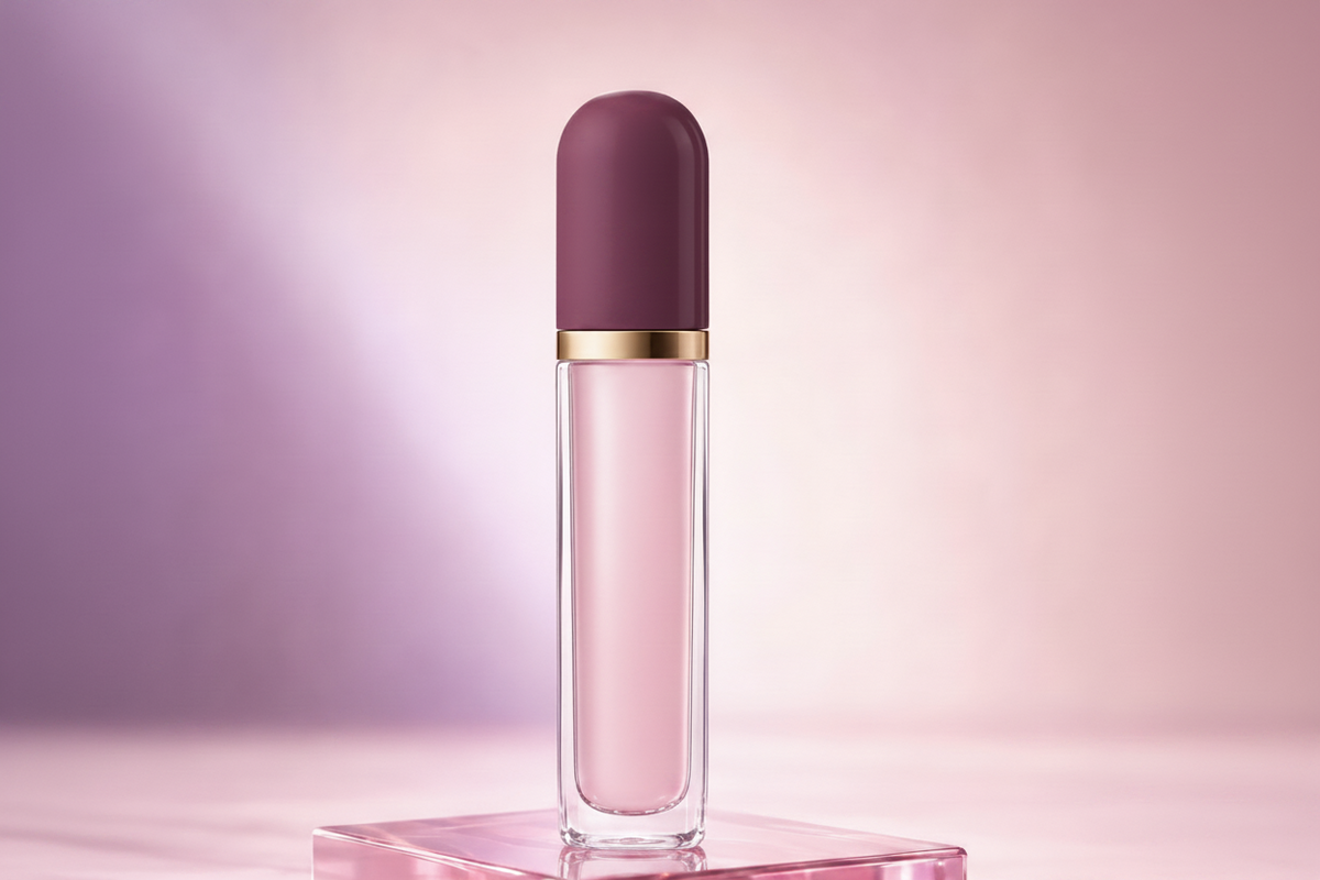 Trinidy MK Glass Petal Nourishing Lip Oil tube standing on a clear pedestal in a pink and lavender studio