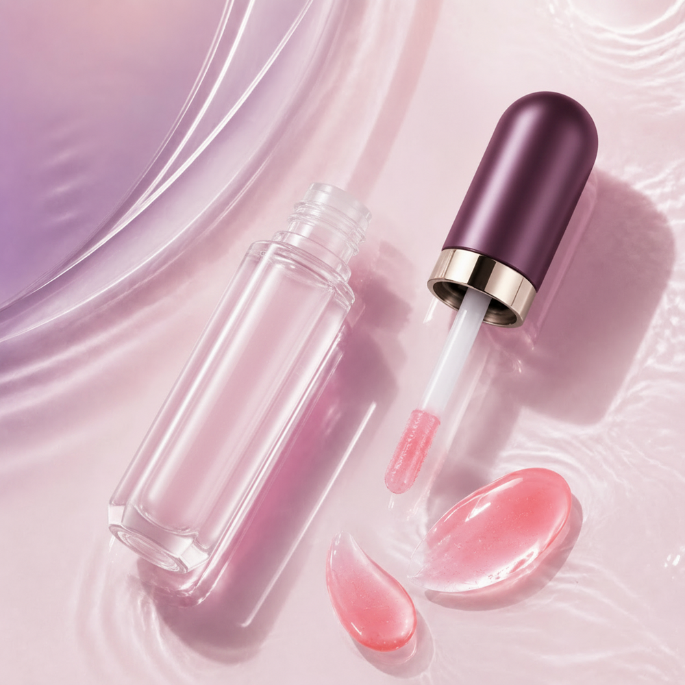 Open Trinidy MK Glass Petal Nourishing Lip Oil tube with applicator and glossy pink swatches on satin