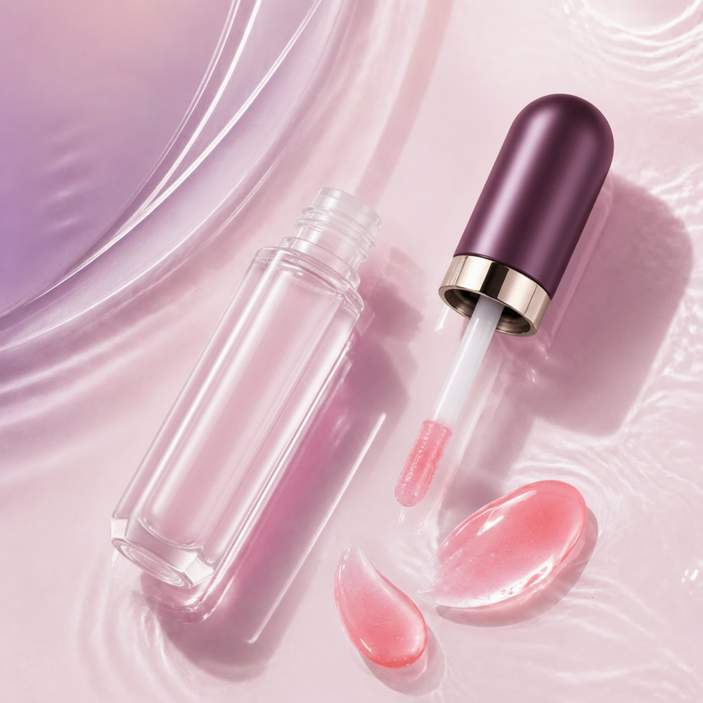 Open Trinidy MK Glass Petal Nourishing Lip Oil tube with applicator and glossy pink swatches on satin