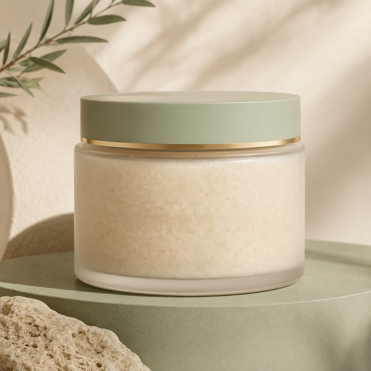 Trinidy MK Moon Silk Body Polish jar displayed on a warm studio pedestal with sage accents