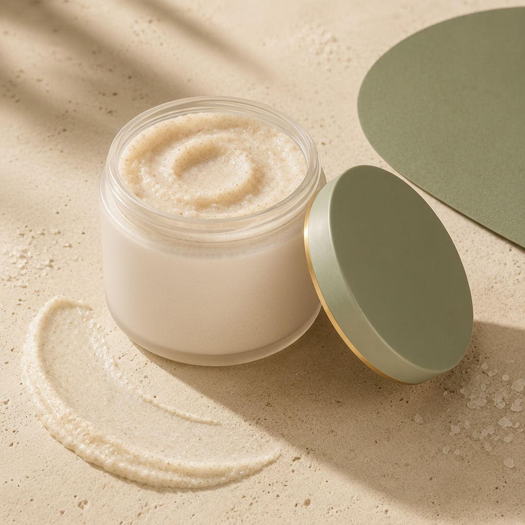 Open Trinidy MK Moon Silk Body Polish jar arranged with a creamy product swirl and botanical styling