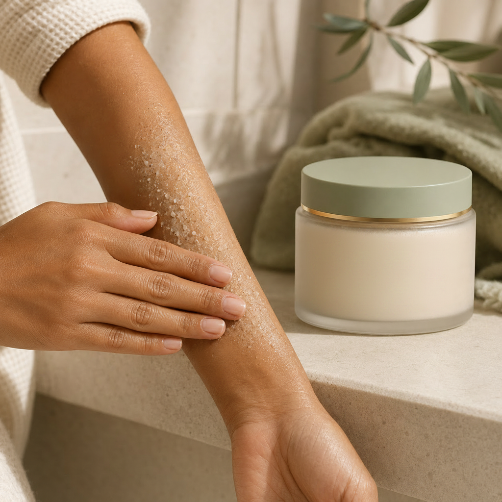 Trinidy MK Moon Silk Body Polish shown in a softly lit body-care application scene
