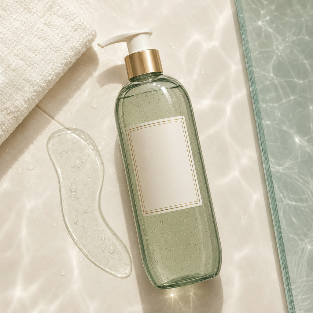 Trinidy MK Fresh Current Body Wash bottle styled with water, translucent gel, and fresh color accents