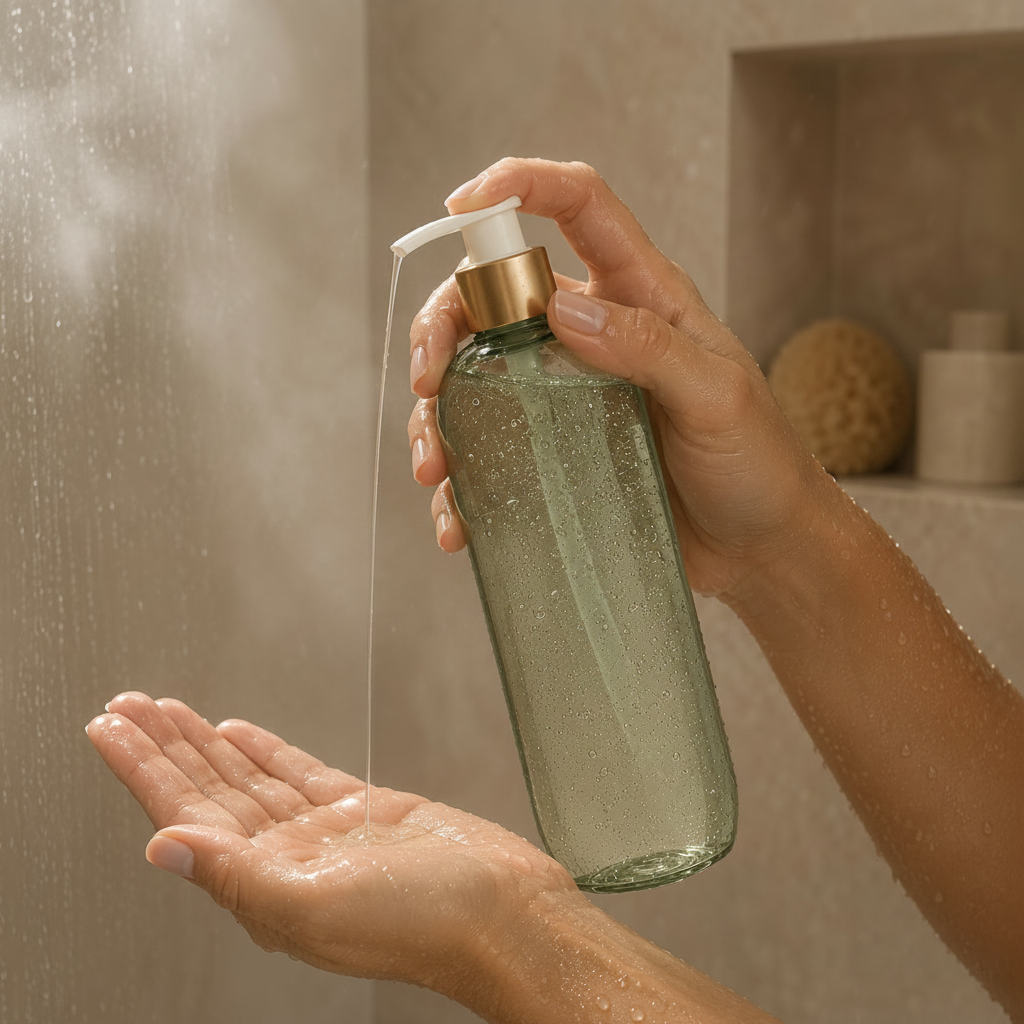 Trinidy MK Fresh Current Body Wash featured in a clean, sunlit shower scene