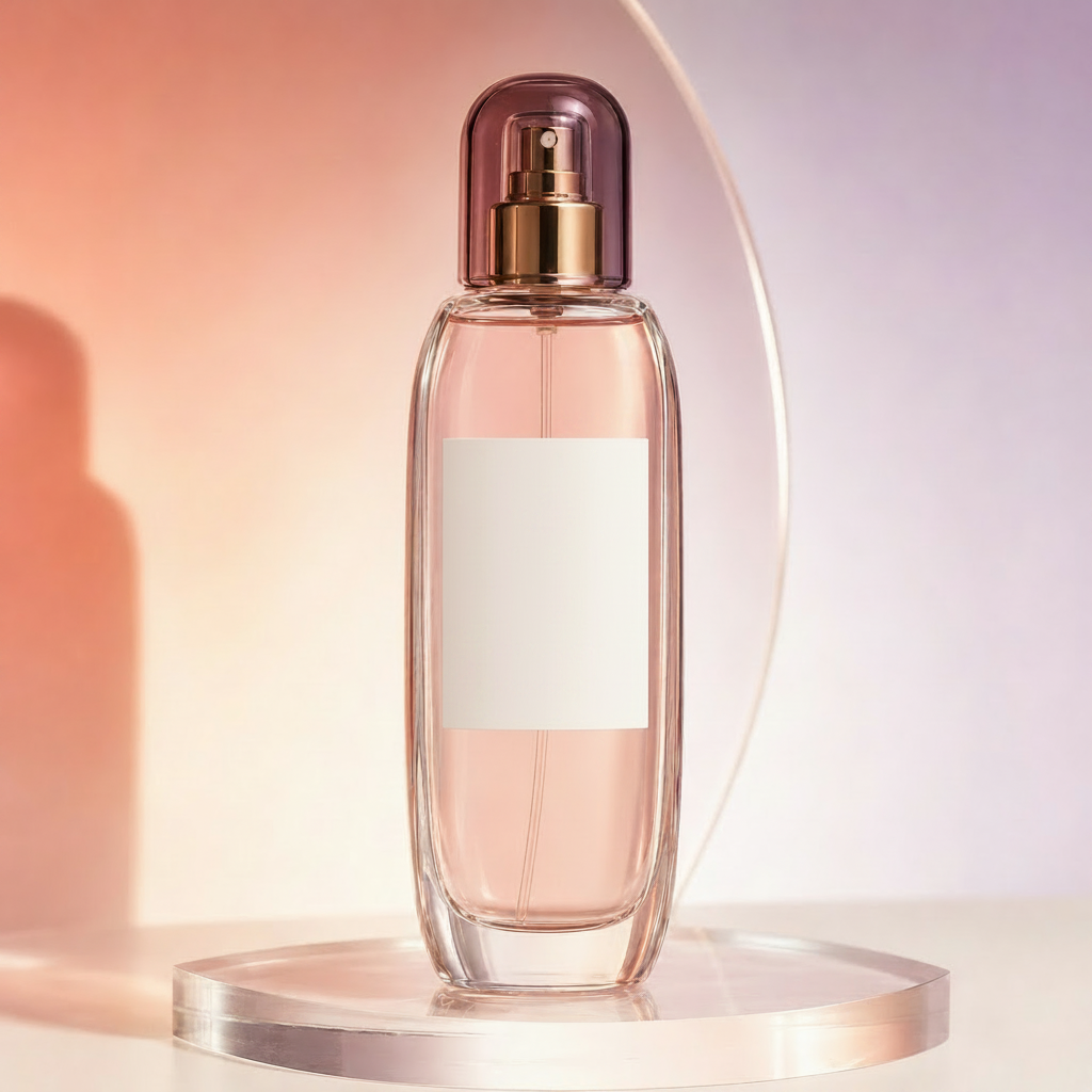 Trinidy MK Aura Bloom Fragrance Mist bottle displayed in a blush, coral, and lilac studio scene