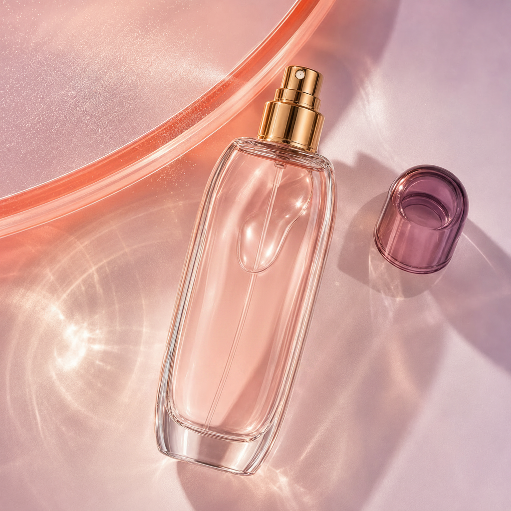Trinidy MK Aura Bloom Fragrance Mist bottle arranged with airy color, petals, and a fine mist effect
