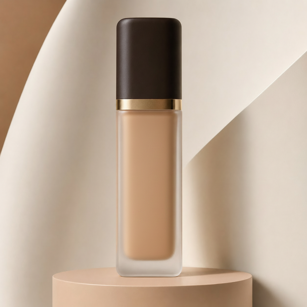 Trinidy MK Soft Focus Skin Tint bottle standing on a warm neutral studio pedestal