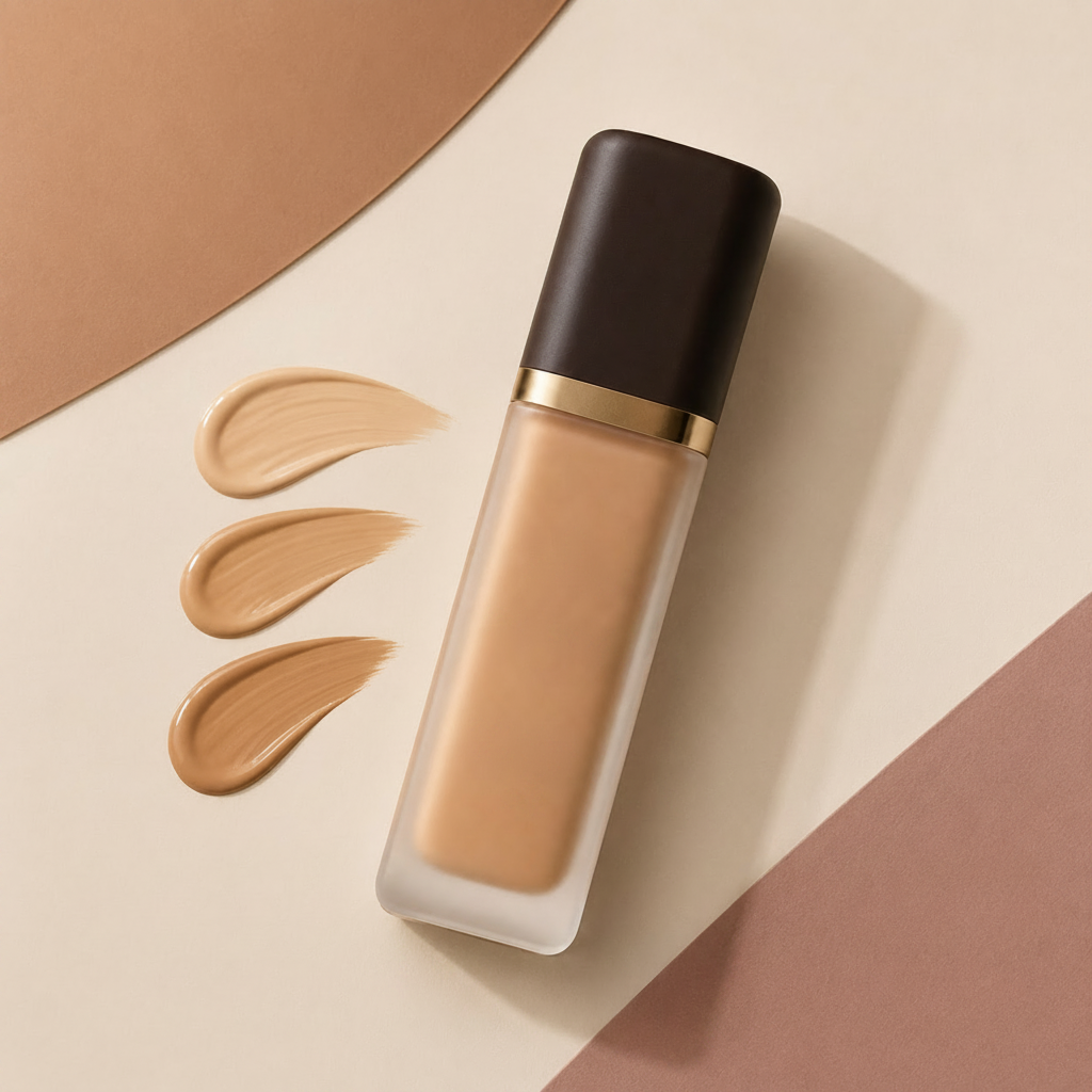 Trinidy MK Soft Focus Skin Tint bottle displayed beside tonal complexion swatches