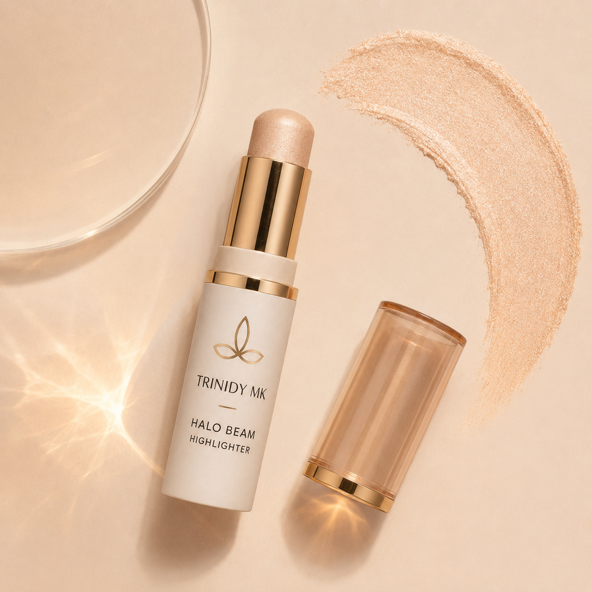 Trinidy MK Halo Beam Highlighter Stick arranged with reflective light and luminous makeup swatches