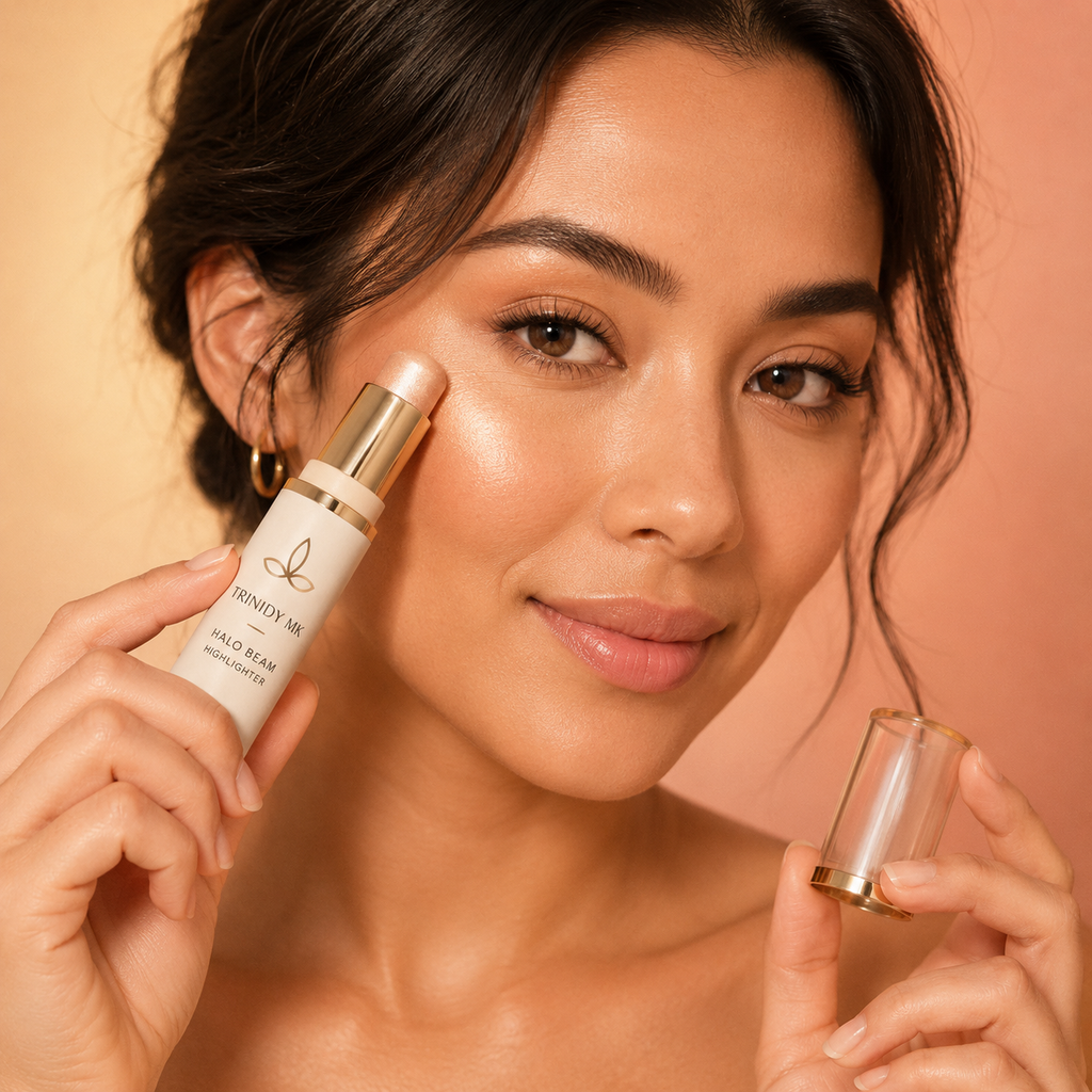 Trinidy MK Halo Beam Highlighter Stick shown in a softly glowing cheek application scene