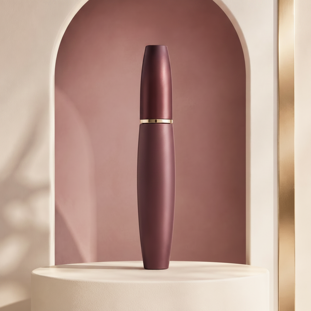 Open Trinidy MK Cloud Lash Tubing Mascara tube and wand displayed in a polished fig-toned studio