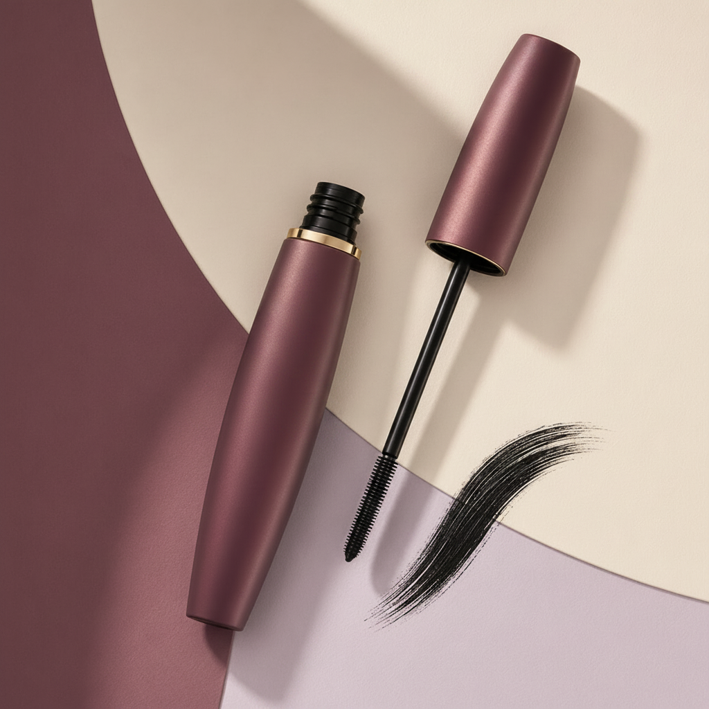 Trinidy MK Cloud Lash Tubing Mascara wand shown beside the tube in a graphic editorial composition
