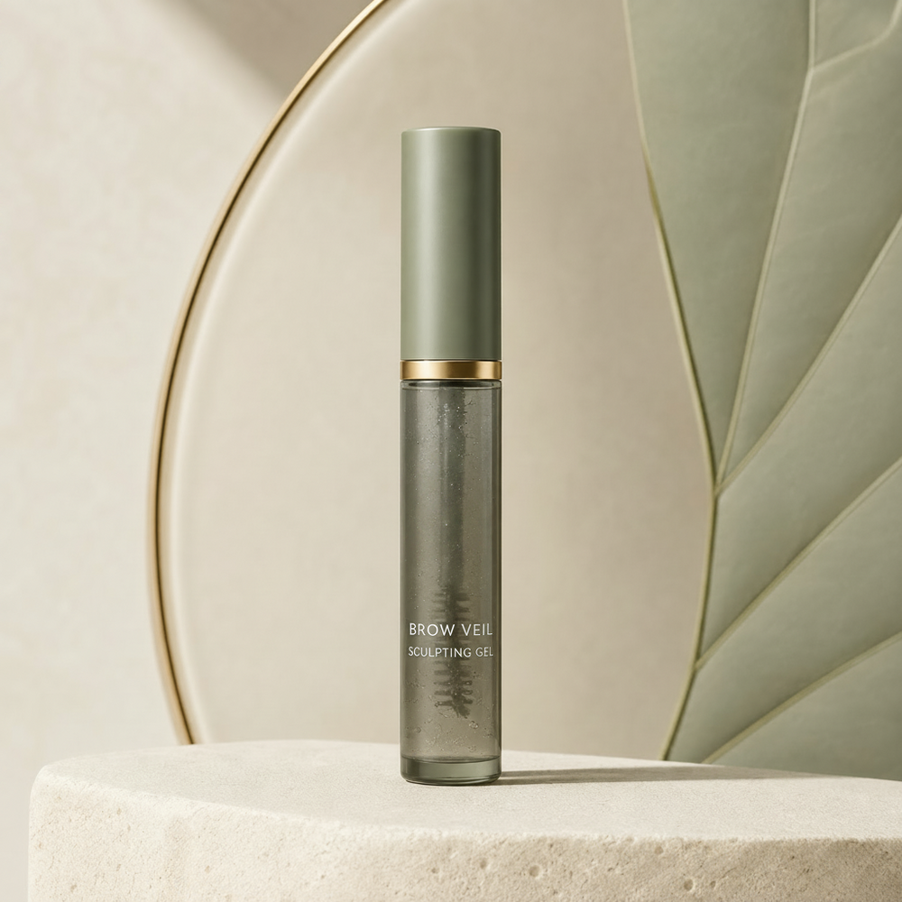 Open Trinidy MK Brow Veil Sculpting Gel tube and spoolie displayed in translucent sage styling