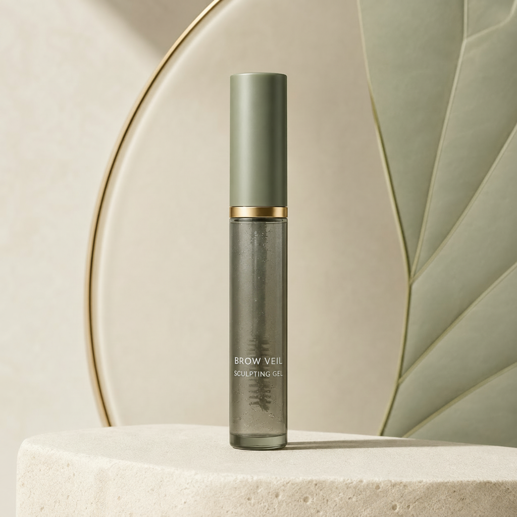 Open Trinidy MK Brow Veil Sculpting Gel tube and spoolie displayed in translucent sage styling