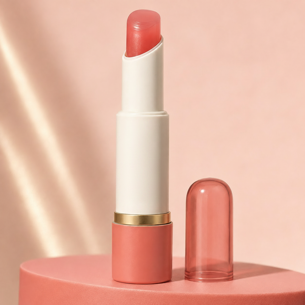 Open Trinidy MK Satin Petal Tinted Lip Balm tube displayed in a rosy-coral studio setting