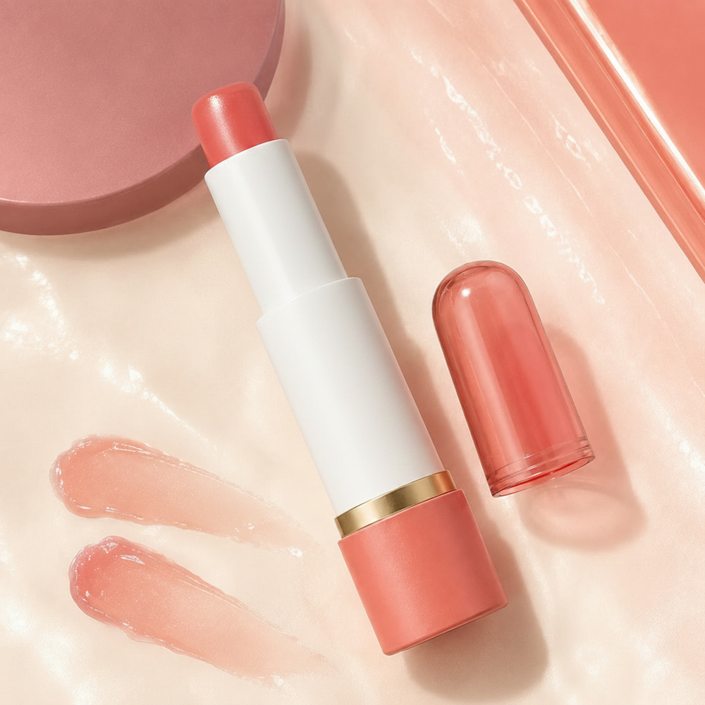 Trinidy MK Satin Petal Tinted Lip Balm arranged with glossy color swatches and fresh graphic accents