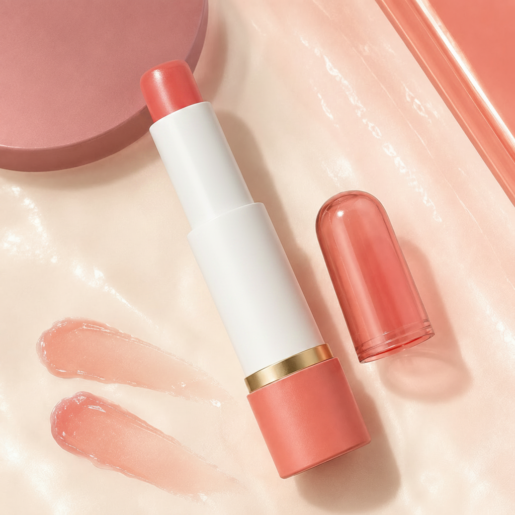 Trinidy MK Satin Petal Tinted Lip Balm arranged with glossy color swatches and fresh graphic accents