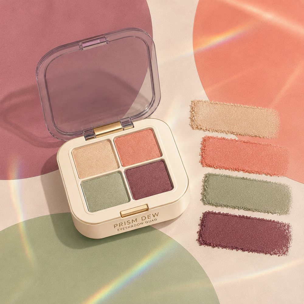 Trinidy MK Prism Dew Eyeshadow Quad arranged beside colorful eye shadow swatches