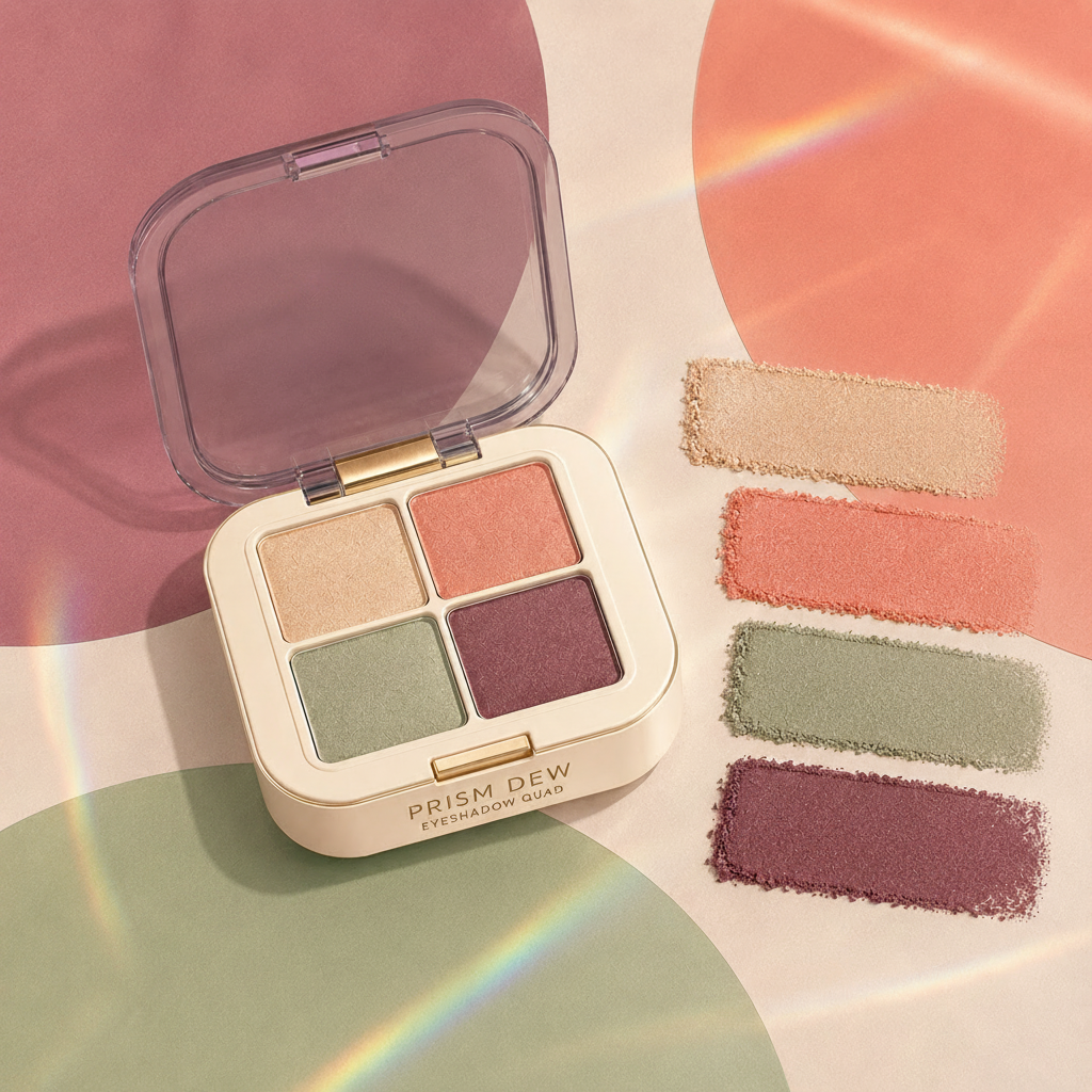Trinidy MK Prism Dew Eyeshadow Quad arranged beside colorful eye shadow swatches