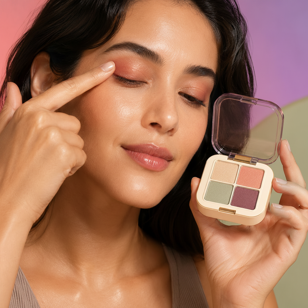 Trinidy MK Prism Dew Eyeshadow Quad featured in a colorful eye-makeup application scene
