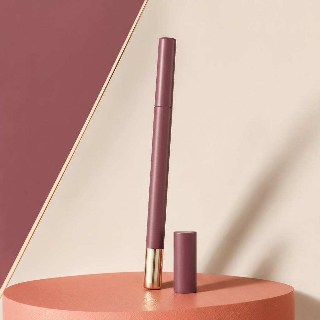Open Trinidy MK Velvet Trace Lip Liner pencil displayed in a polished rosy-mauve studio setting