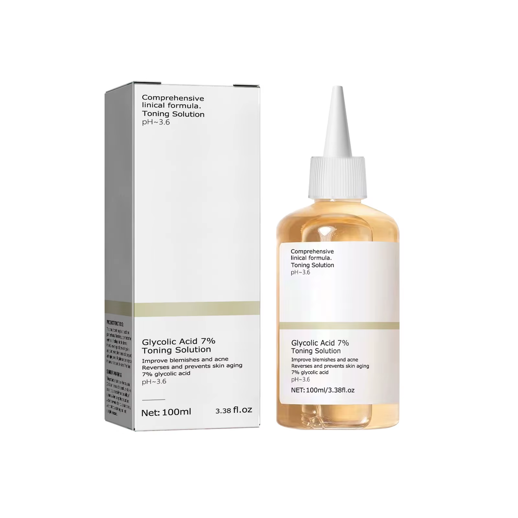 7% glycolic acid toning solution bottle and retail box